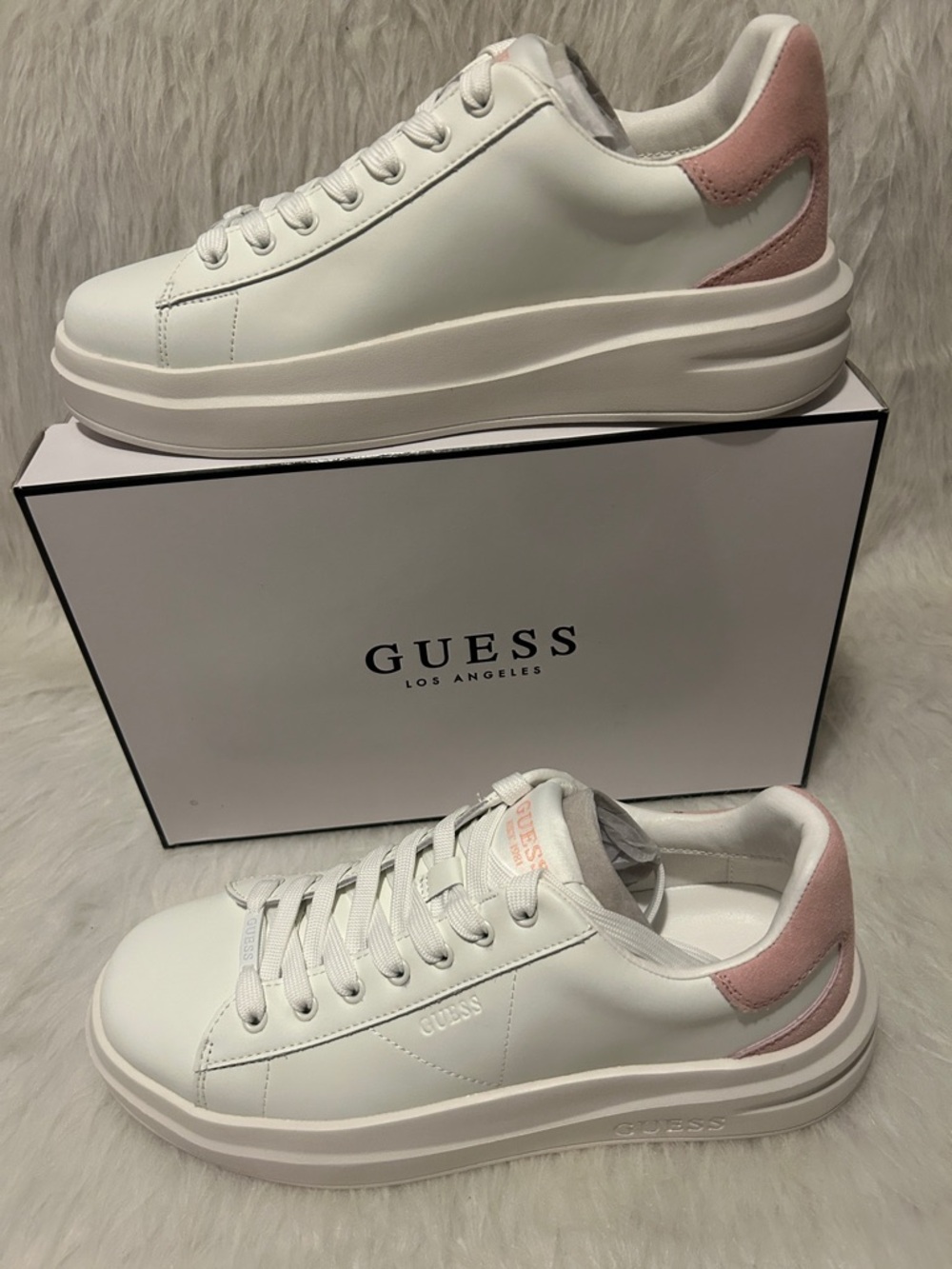 GUESS Elbina White Sneakers with Pink Heel Suede Accent